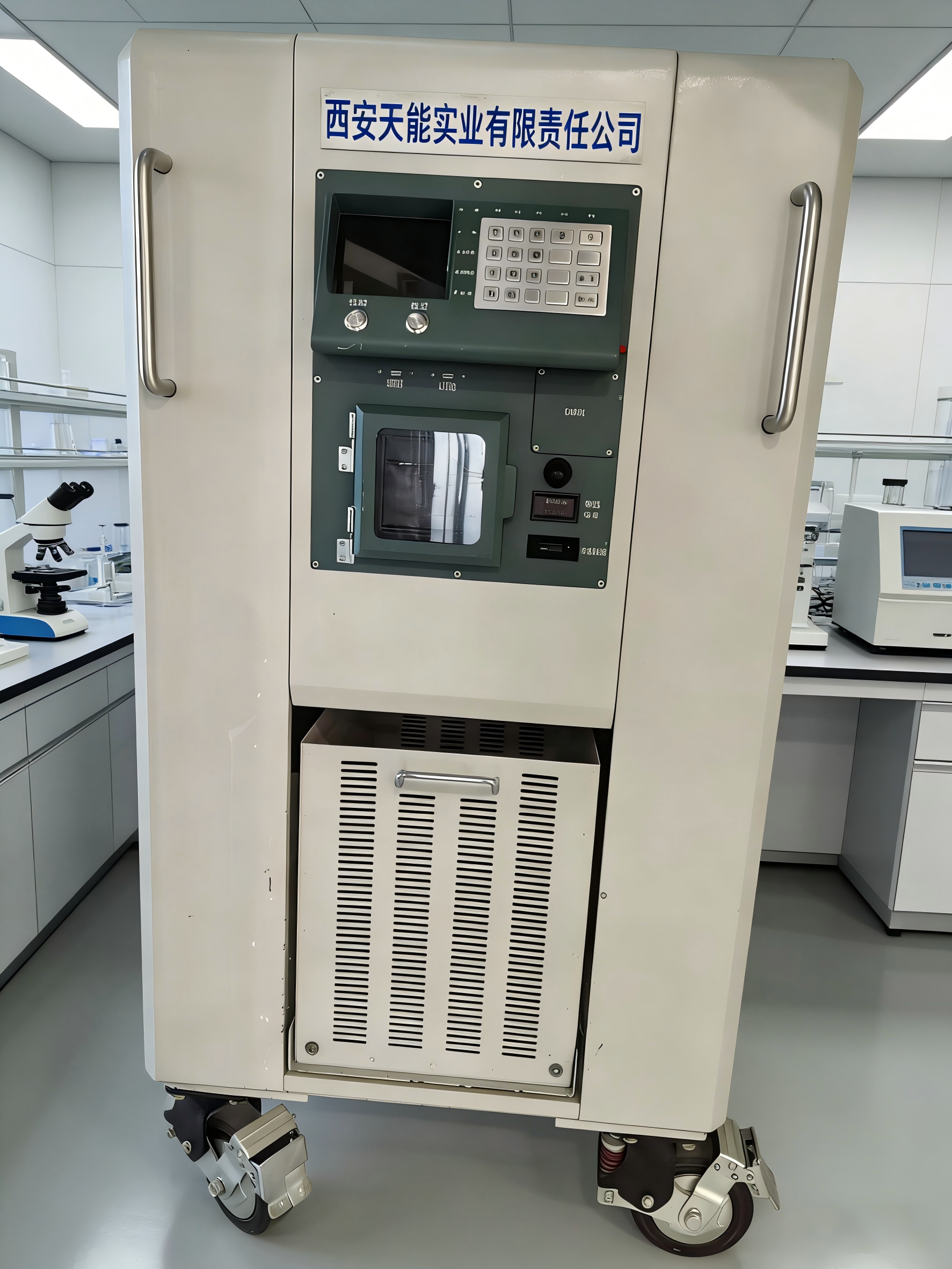 实验室用精密检测设备,白色台式仪器,各种连接线缆,实验室环境